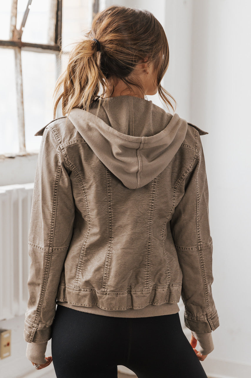 Hooded Sweatshirt Vegan Leather Grey Jacket - Image 11