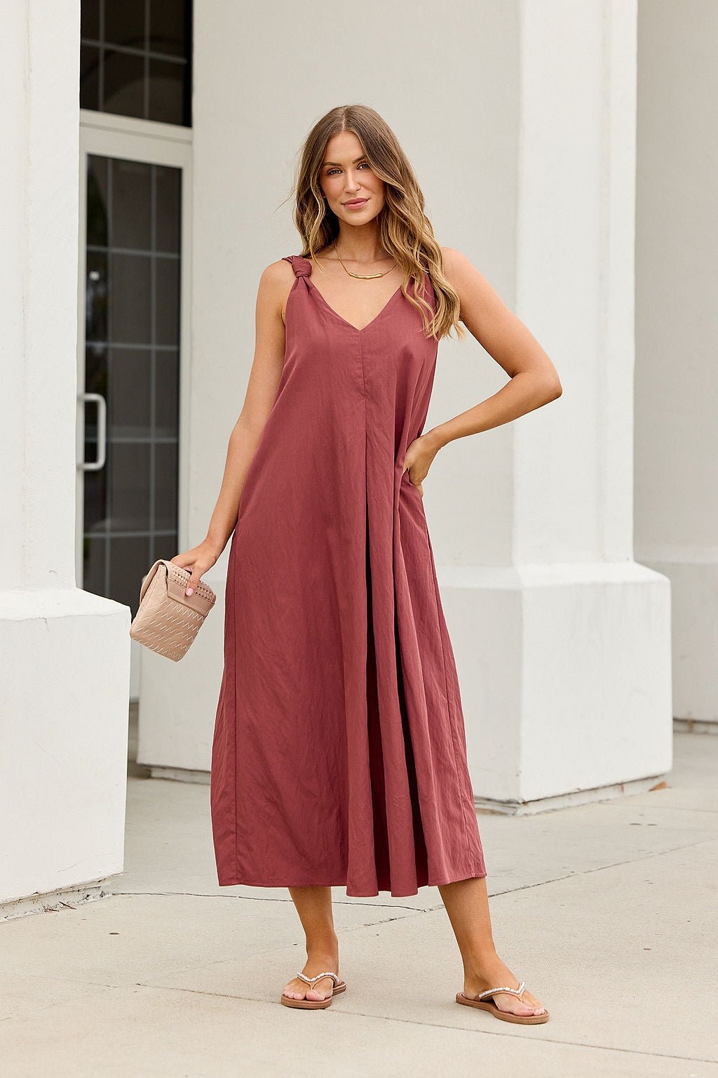 Audrey Knot Strap Midi Dress - Burgundy