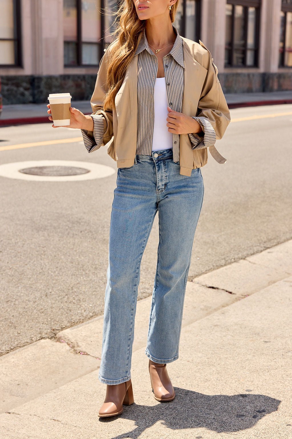Contrast Striped Shirt Jacket - Camel | Pre Order - Image 12