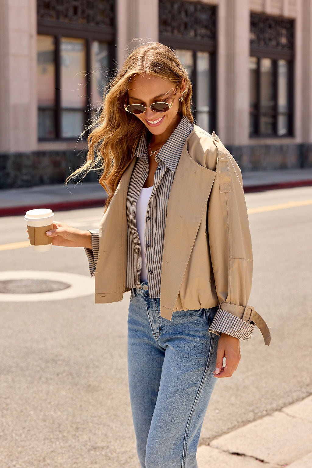 Contrast Striped Shirt Jacket - Camel | Pre Order - Image 9