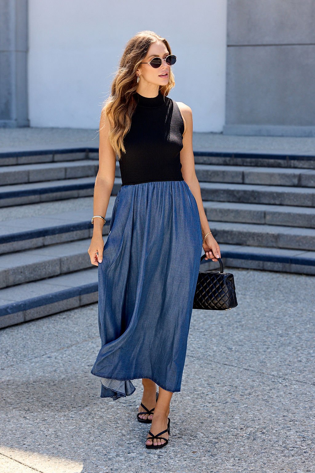 Elan Two Tone Midi Dress - Navy - Image 3
