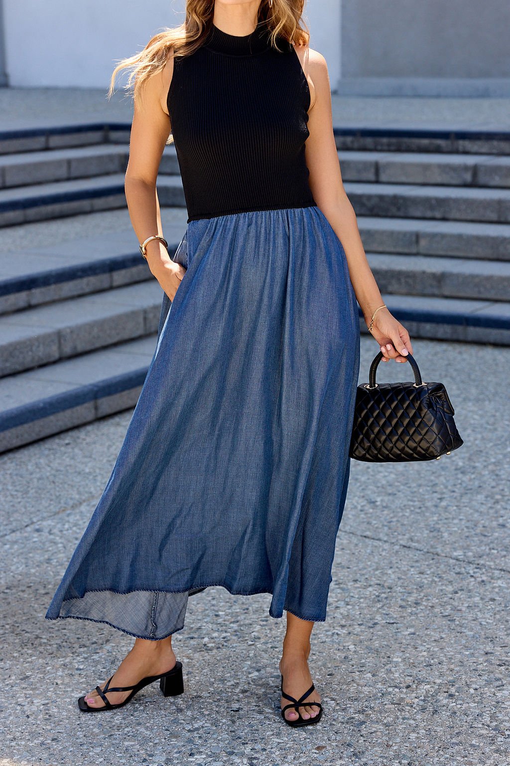 Elan Two Tone Midi Dress - Navy - Image 7