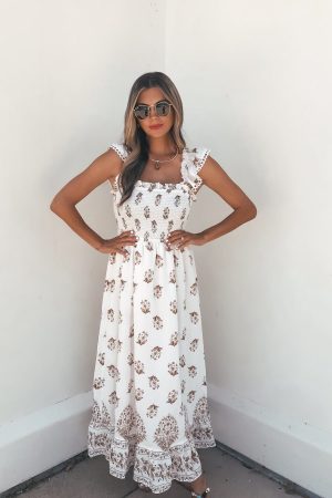 Everly Smocked Print Midi Dress - Ivory