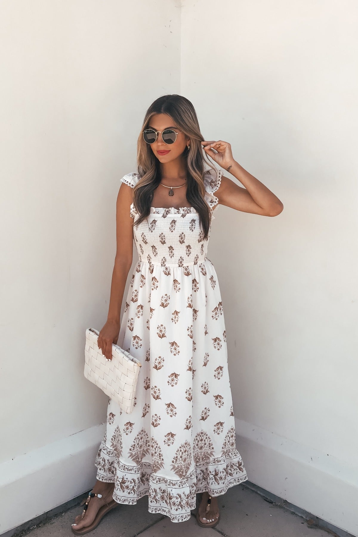 Everly Smocked Print Midi Dress - Ivory - Image 2