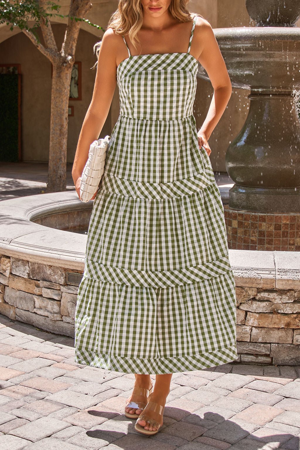 Gingham Smocked Midi Dress - Olive - Image 4