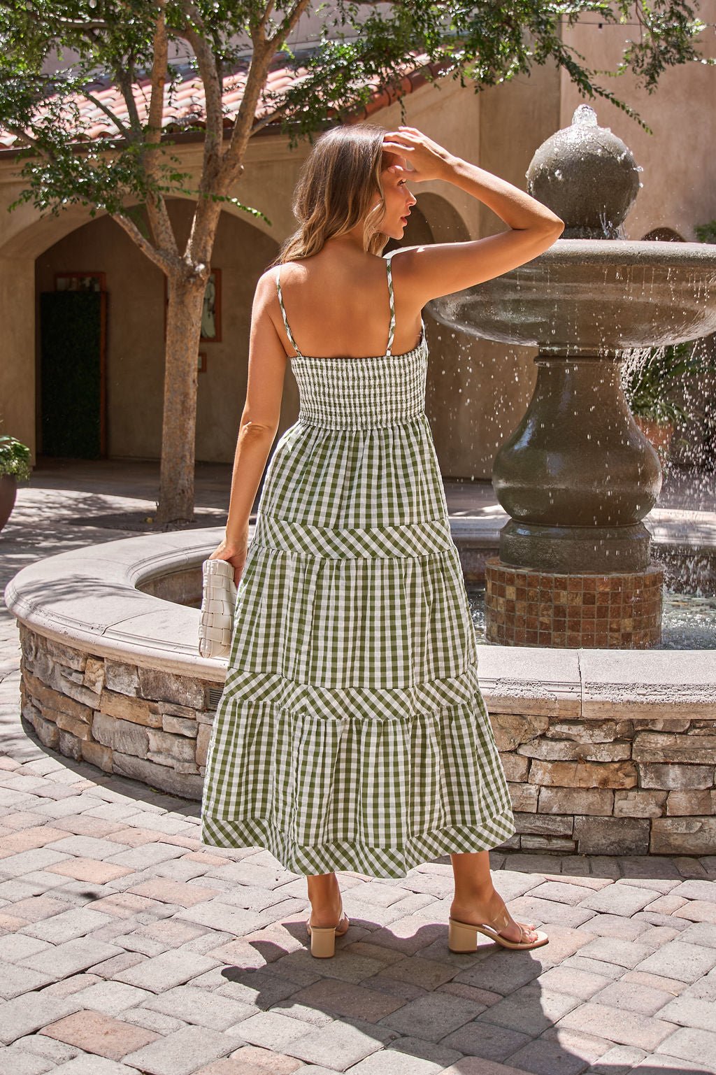 Gingham Smocked Midi Dress - Olive - Image 5