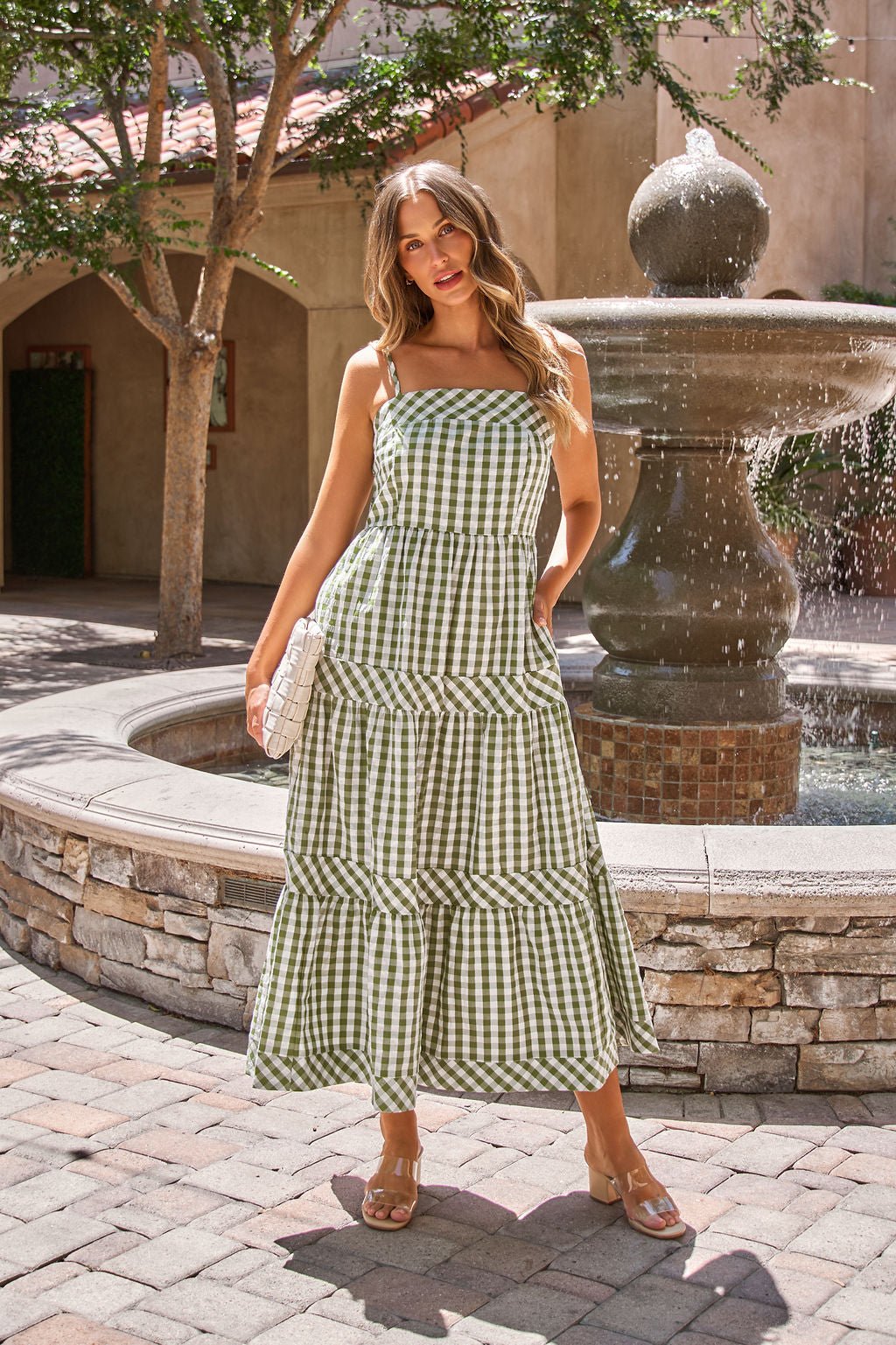 Gingham Smocked Midi Dress - Olive