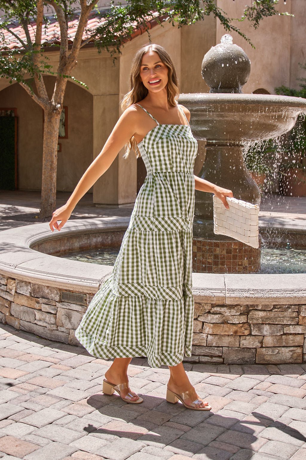 Gingham Smocked Midi Dress - Olive - Image 3
