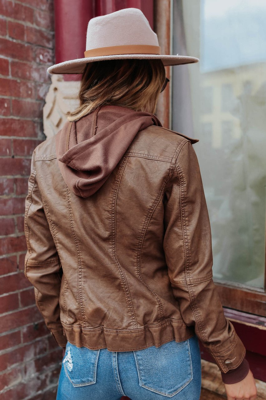 Hooded Sweatshirt Vegan Leather Camel Jacket - Image 3