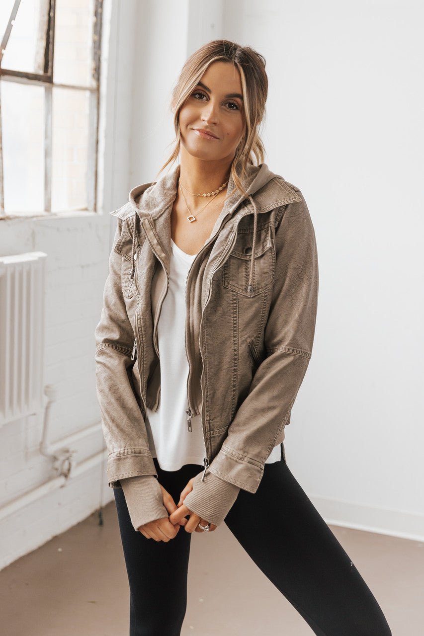 Hooded Sweatshirt Vegan Leather Grey Jacket - Image 4
