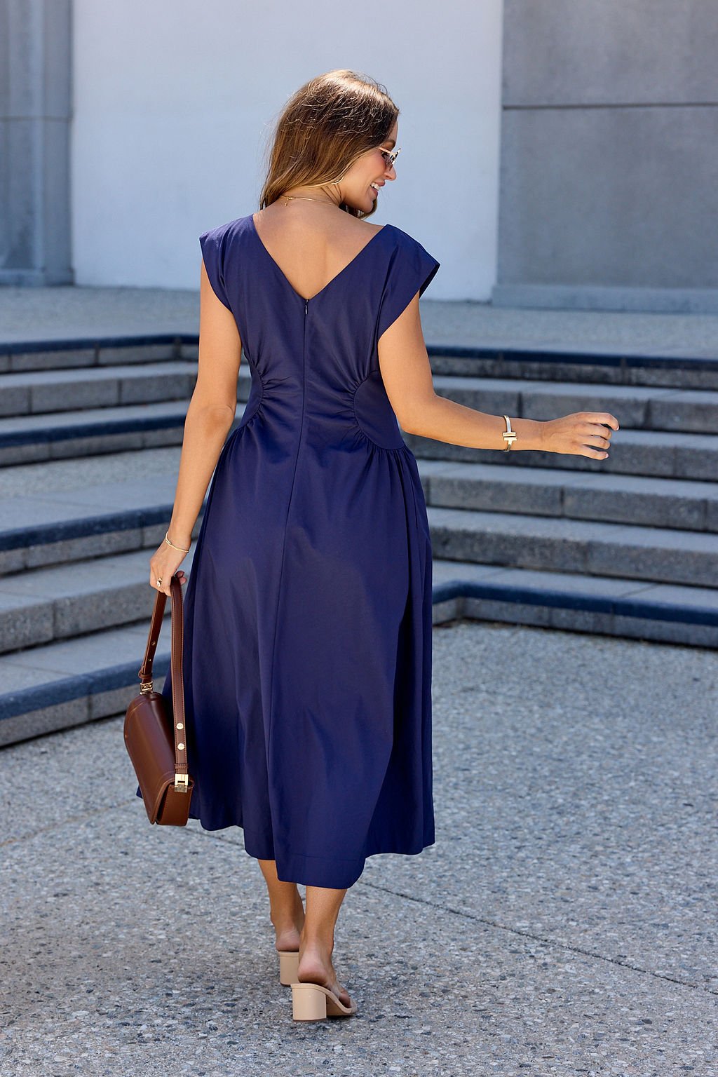 Navy Ruched Detail Midi Dress - Image 6