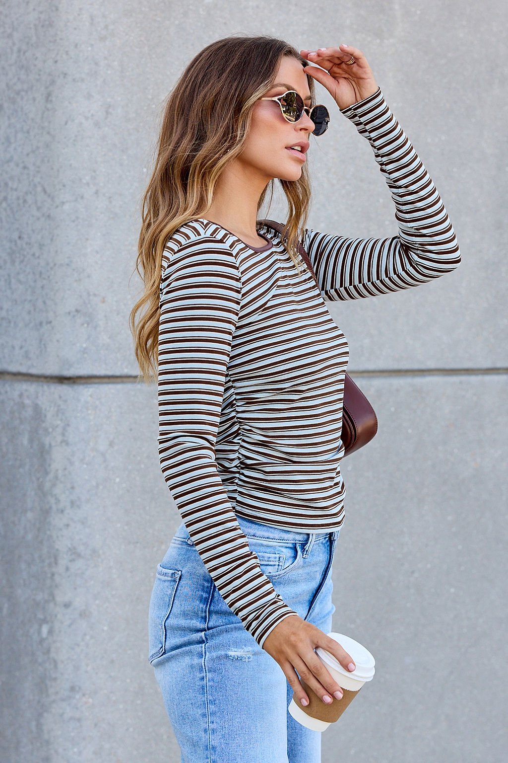 Ruched Stripe Top - Brown - Image 7