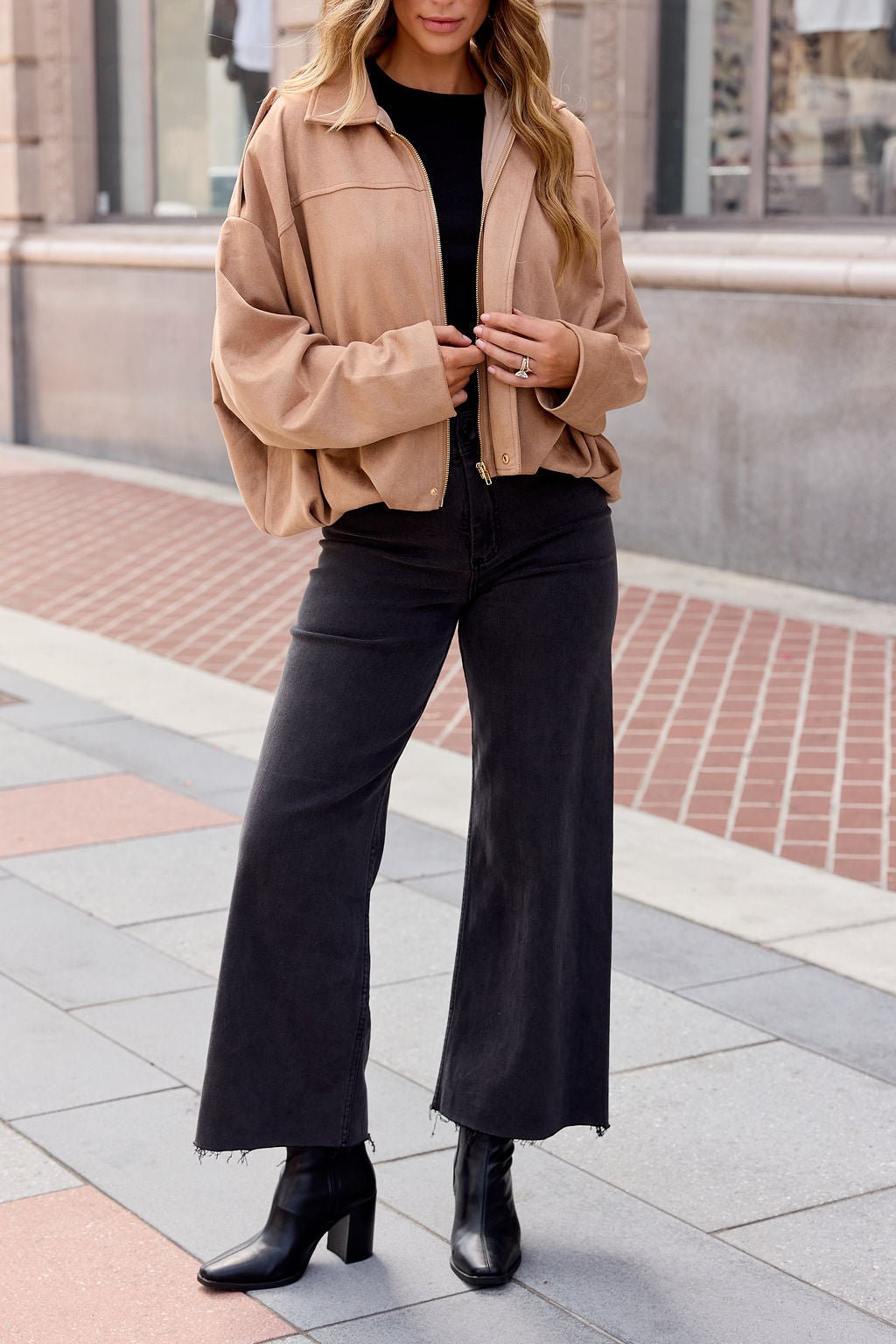 Suede Bubble Hem Jacket - Camel - Image 9