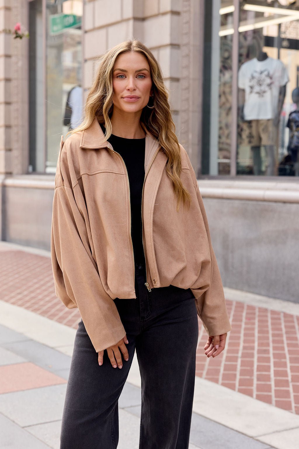 Suede Bubble Hem Jacket - Camel