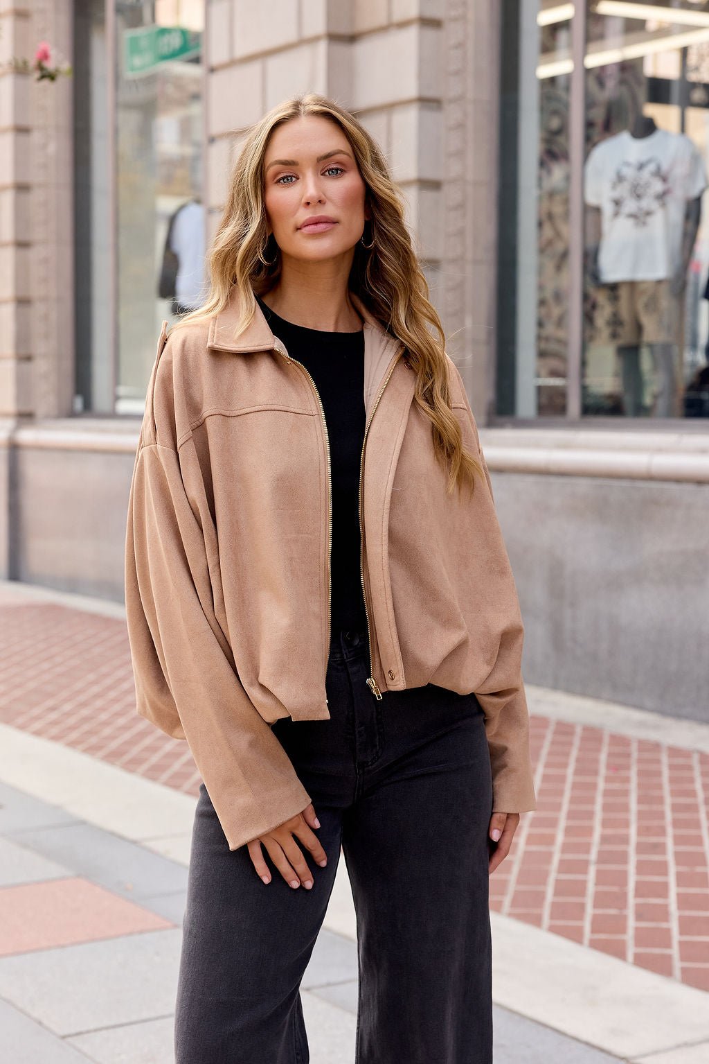 Suede Bubble Hem Jacket - Camel - Image 5