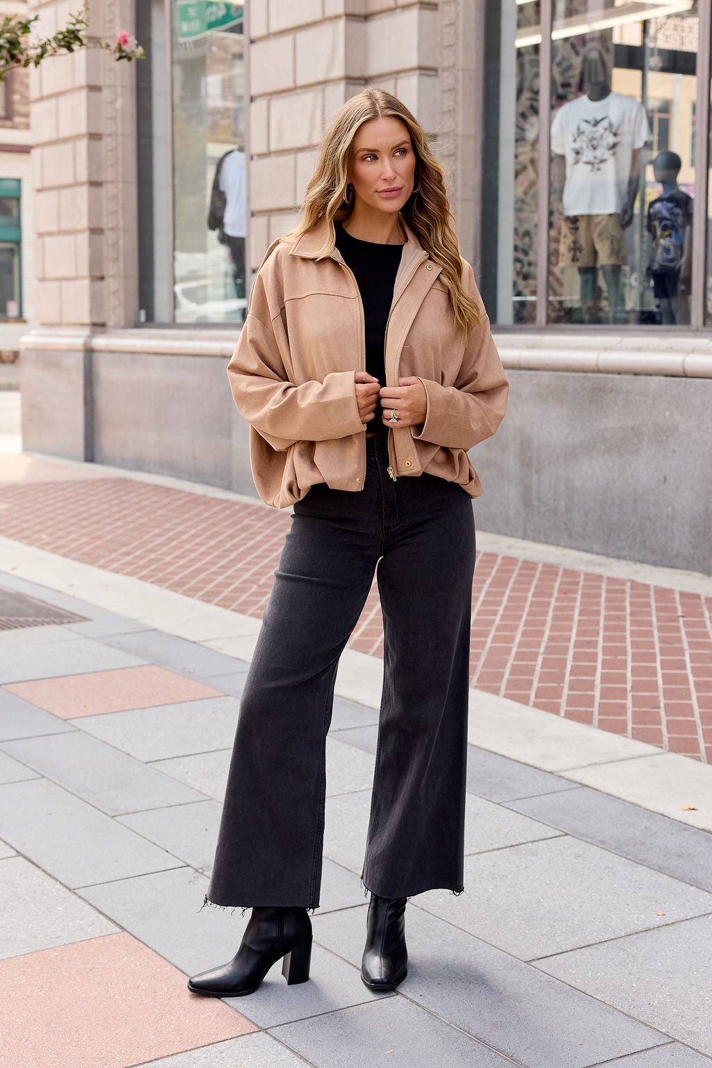 Suede Bubble Hem Jacket - Camel - Image 8