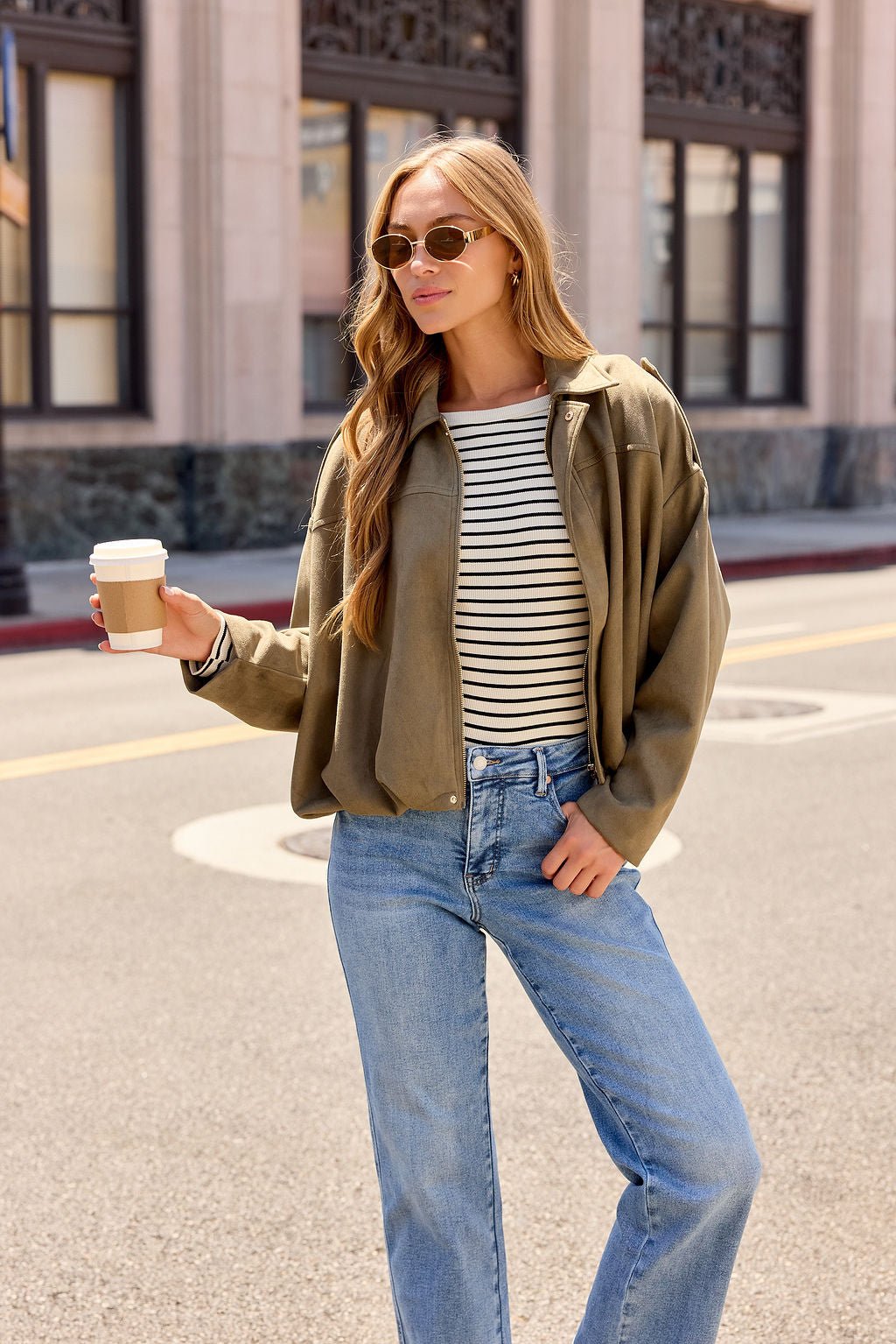 Suede Bubble Hem Jacket - Olive - Image 7