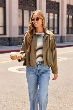 Suede Bubble Hem Jacket - Olive
