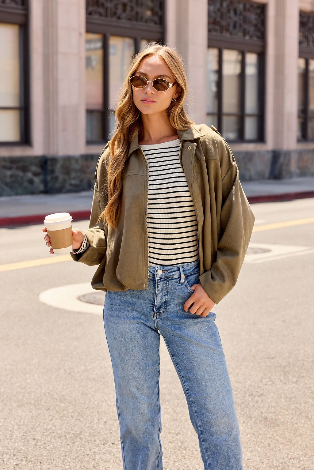 Suede Bubble Hem Jacket - Olive - Image 5