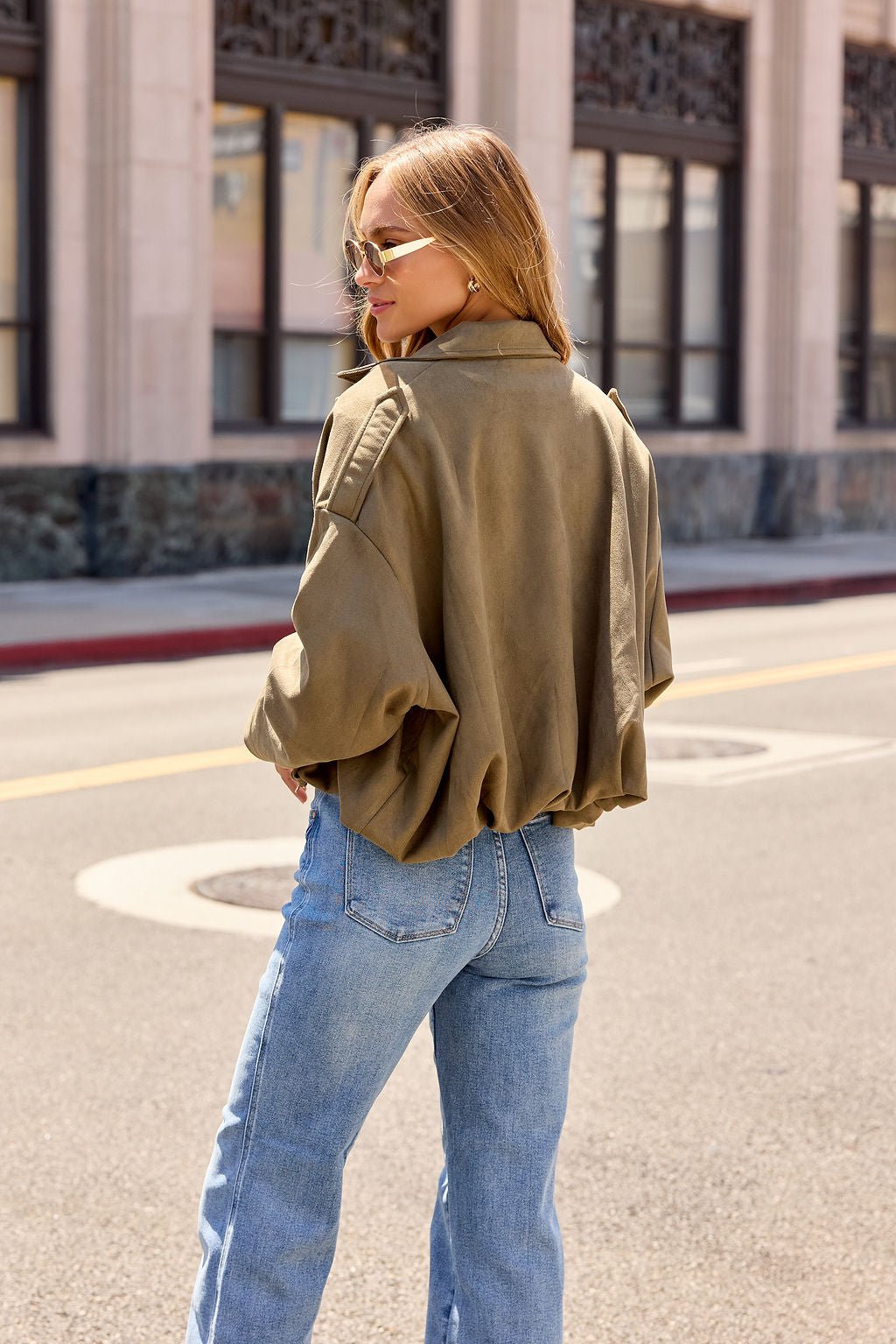 Suede Bubble Hem Jacket - Olive - Image 12