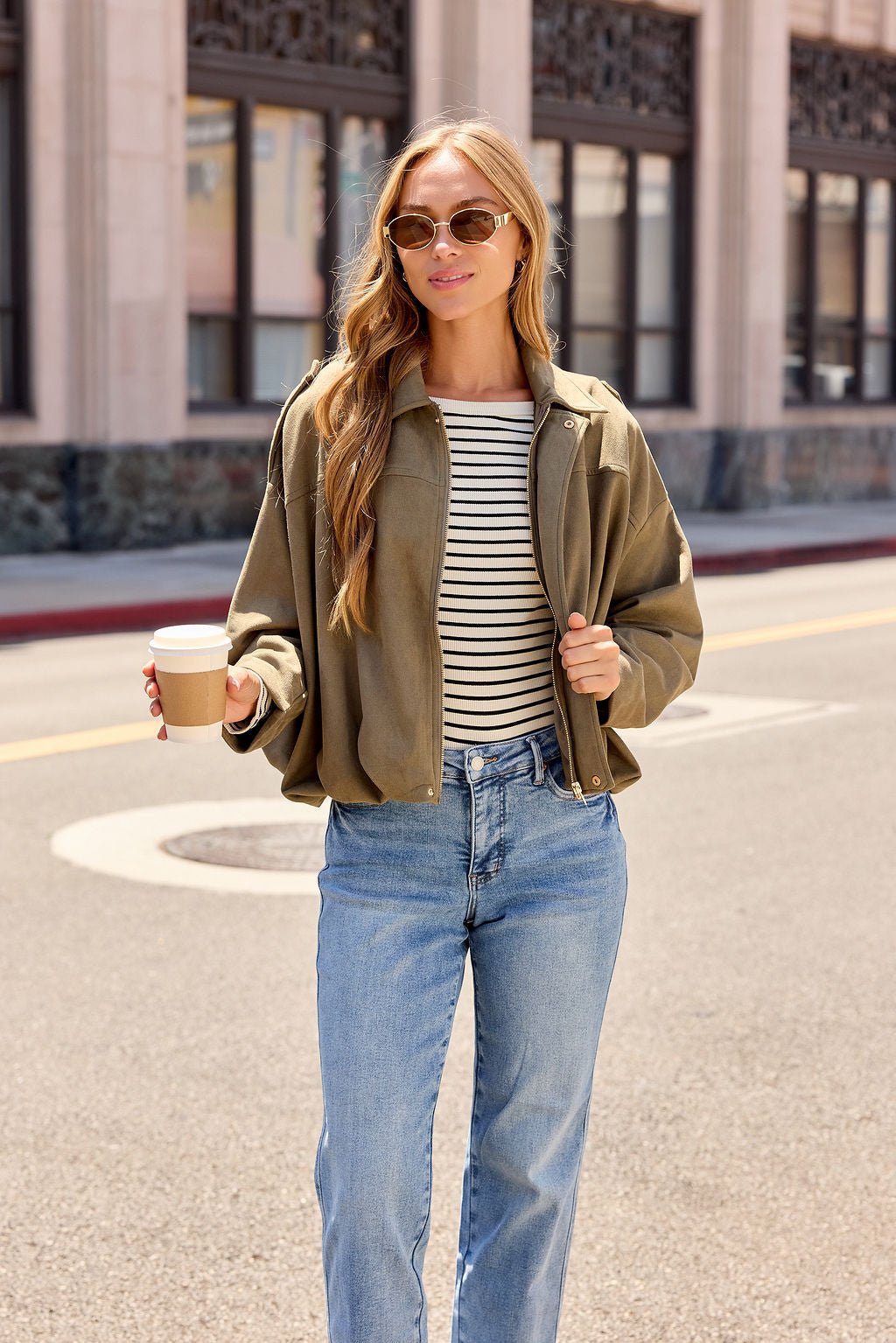Suede Bubble Hem Jacket - Olive - Image 3
