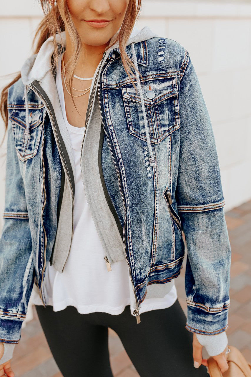 Denim Jacket with Hoodie: Medium Wash - Image 2