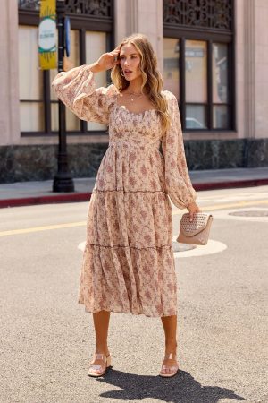 Sweetheart Floral Print Midi Dress - Sand
