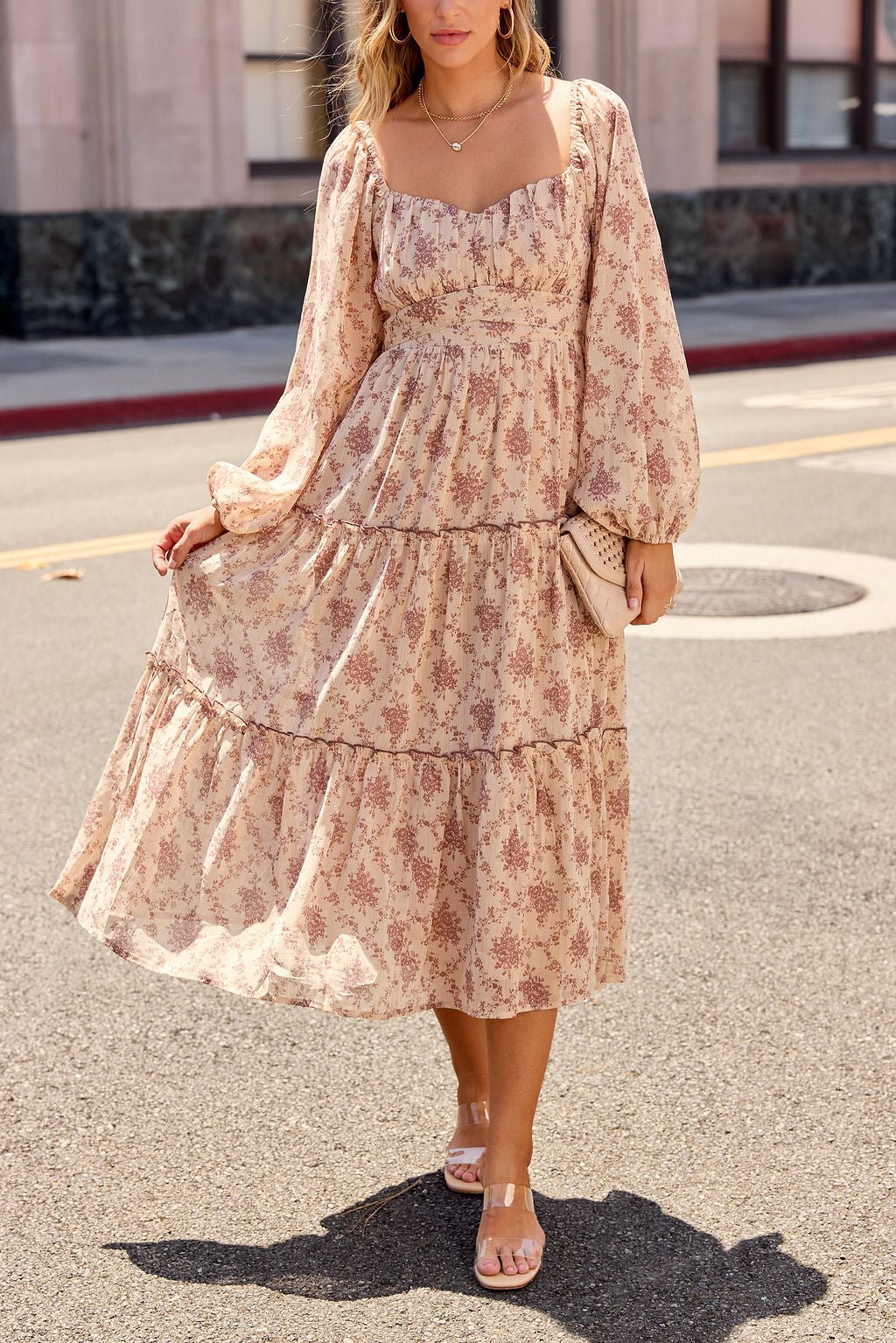 Sweetheart Floral Print Midi Dress - Sand - Image 8