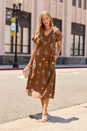 Wildflower Floral Midi Dress - Brown
